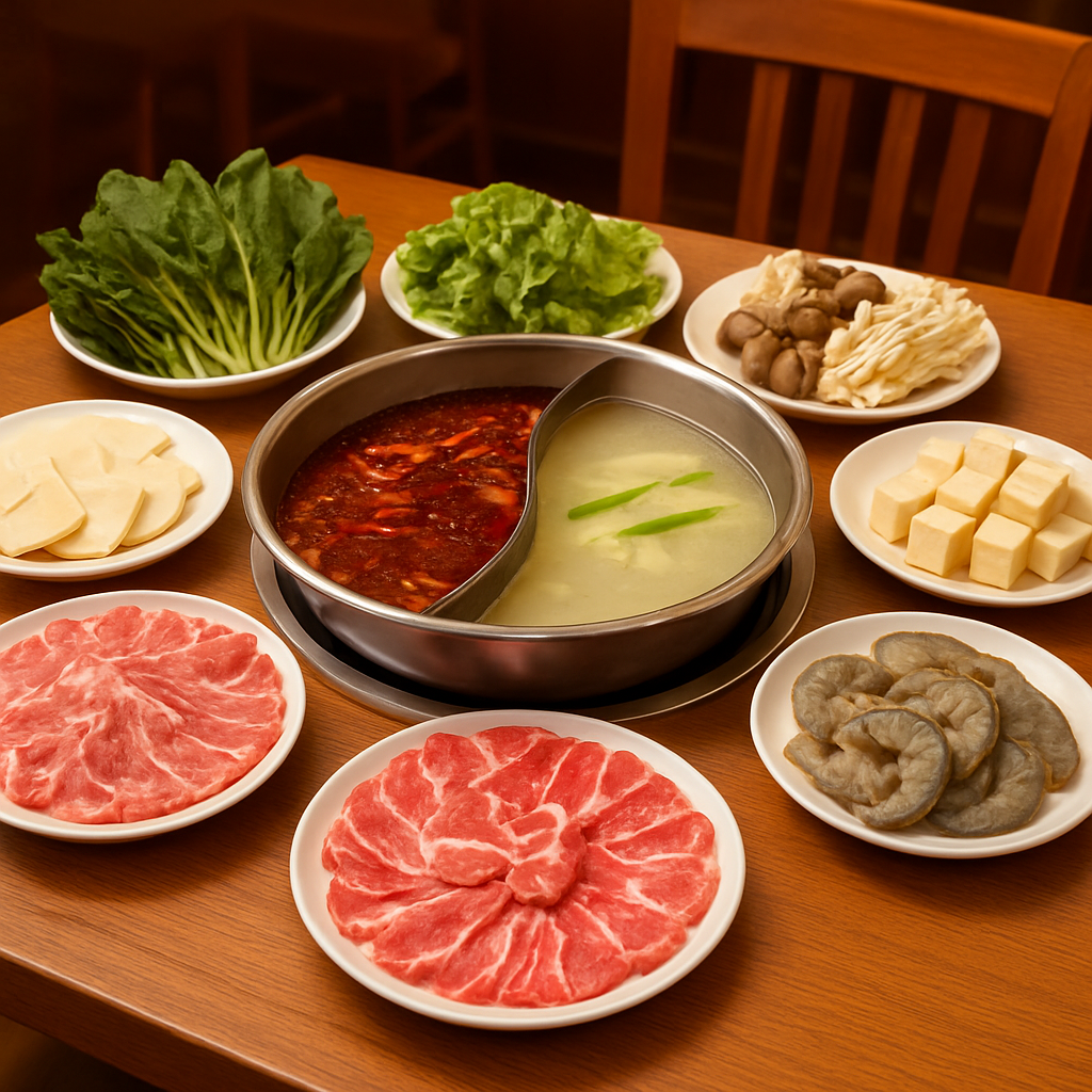 A hot pot setup with split spicy and clear broth surrounded by fresh ingredients
