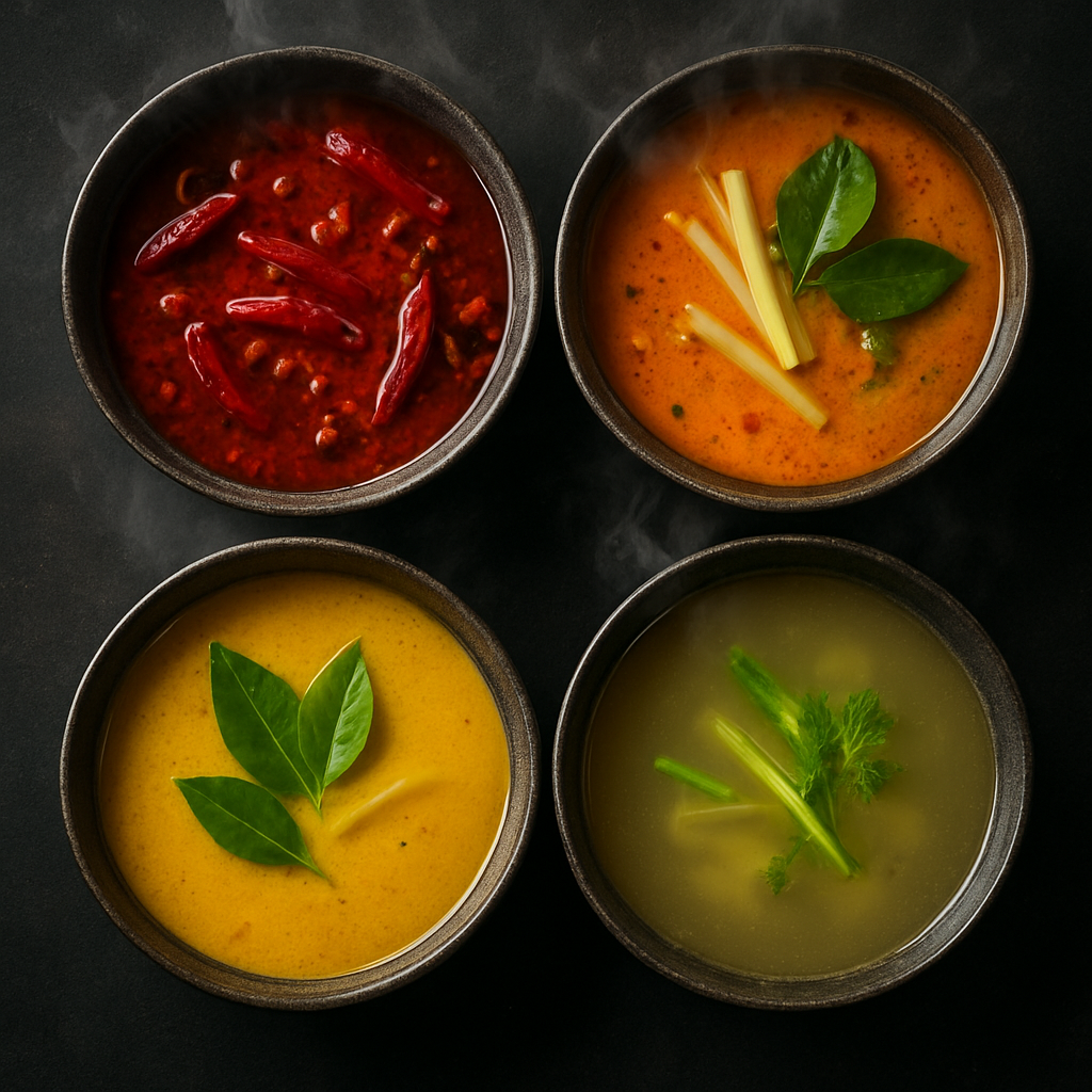 Four different soup broth options including spicy, Tom Yum, curry and clear