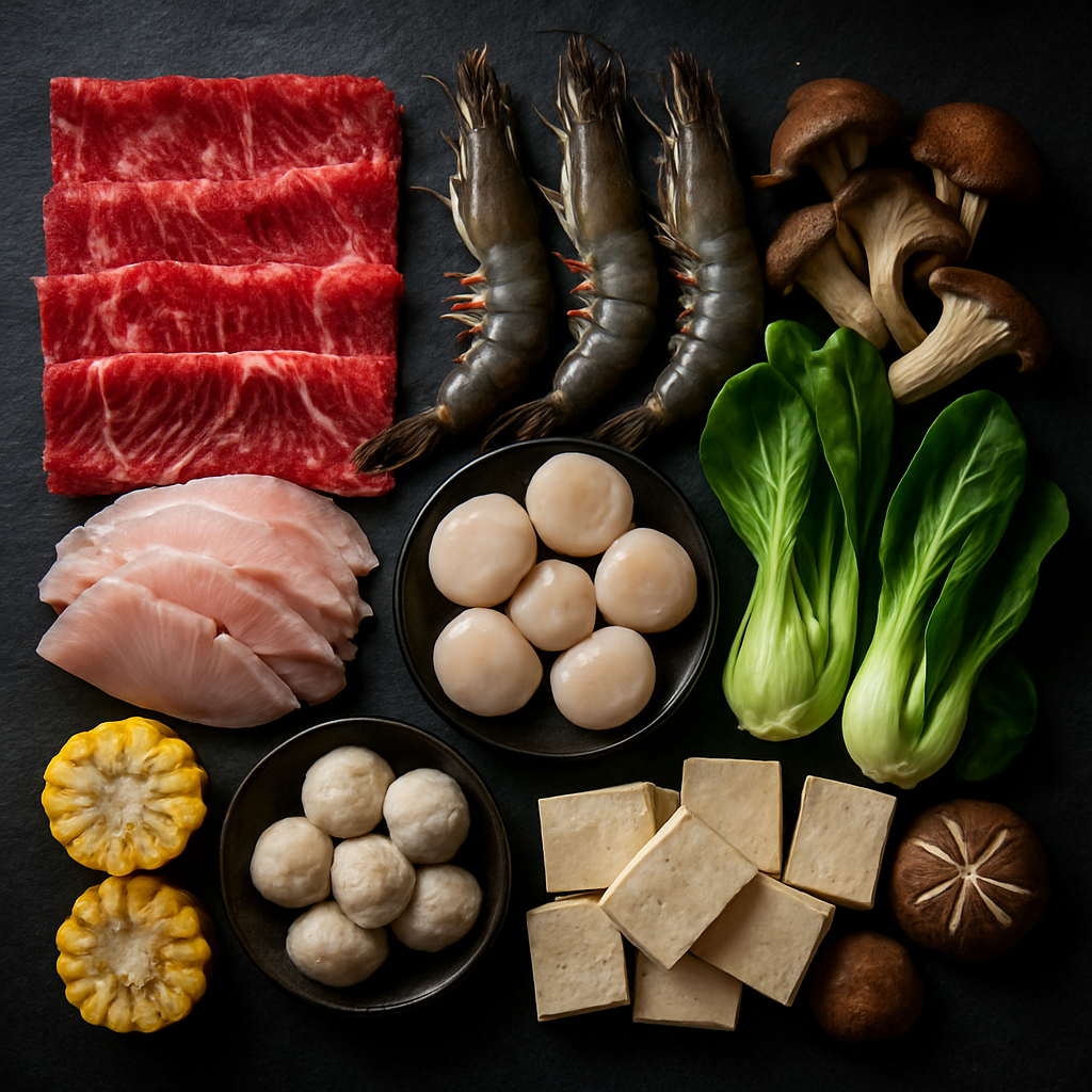Platters of fresh meats, seafood, and vegetables for hot pot