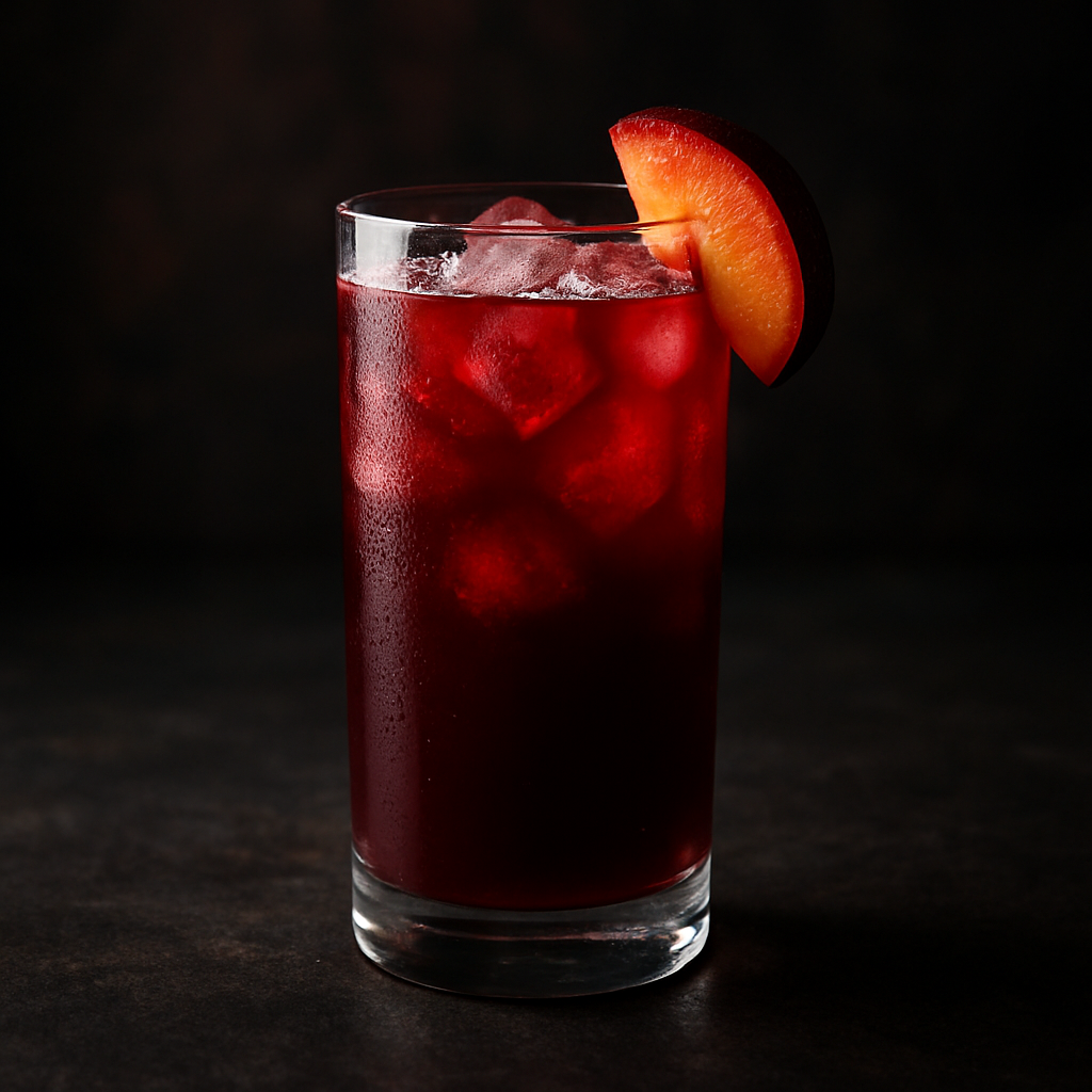 A glass of complimentary free-flow plum juice